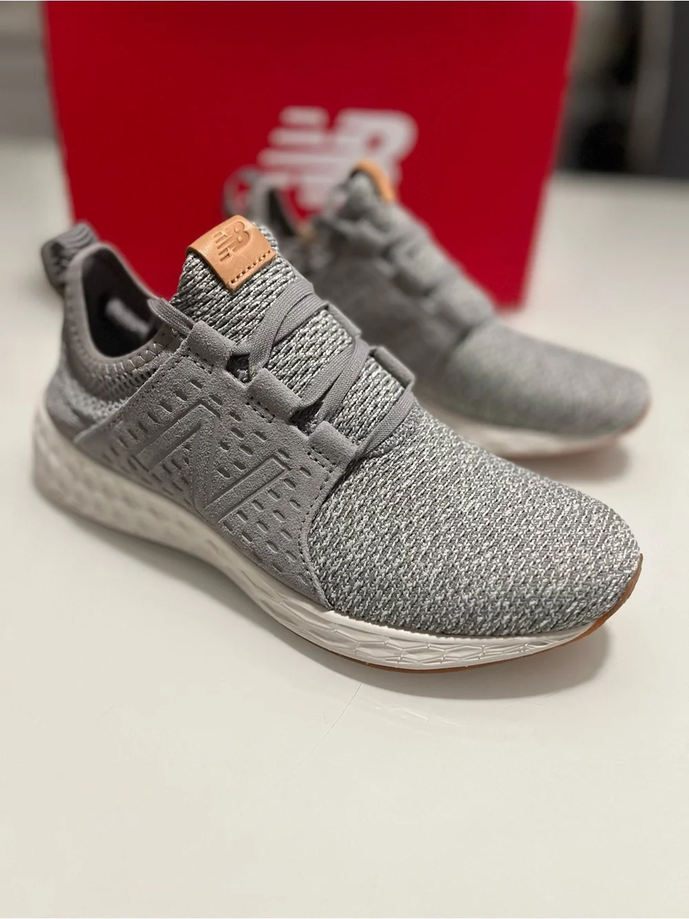 New Balance Men’s Grey Knit Sneakers with Tan Accent